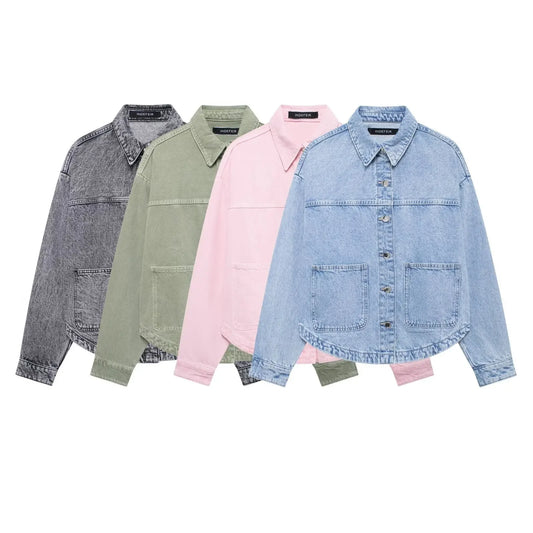 Women Denim Jacket Loose Patchwork Decorated Outerwear Casual Style