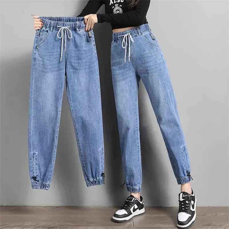 Women High Waist Denim Pants Harlan Elastic Waist Loose Casual Ankle long Pants