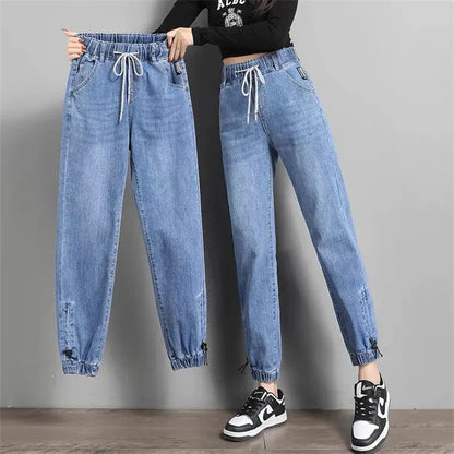 Women High Waist Denim Pants Harlan Elastic Waist Loose Casual Ankle long Pants