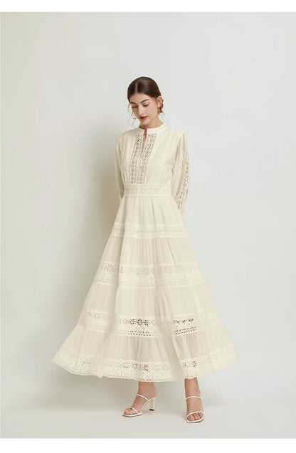 French Fashion Retro Dress Summer Clothing Lace Lace Splicing V-neck Design Lantern Sleeve Dress White Club Outfits for Women