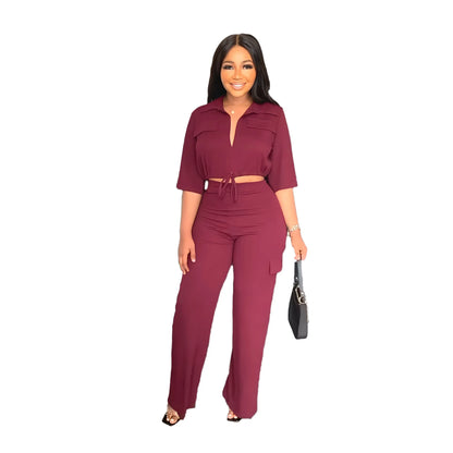 Elegant Office Women Two Piece  Short Shirt + Wide Leg Trousers Set