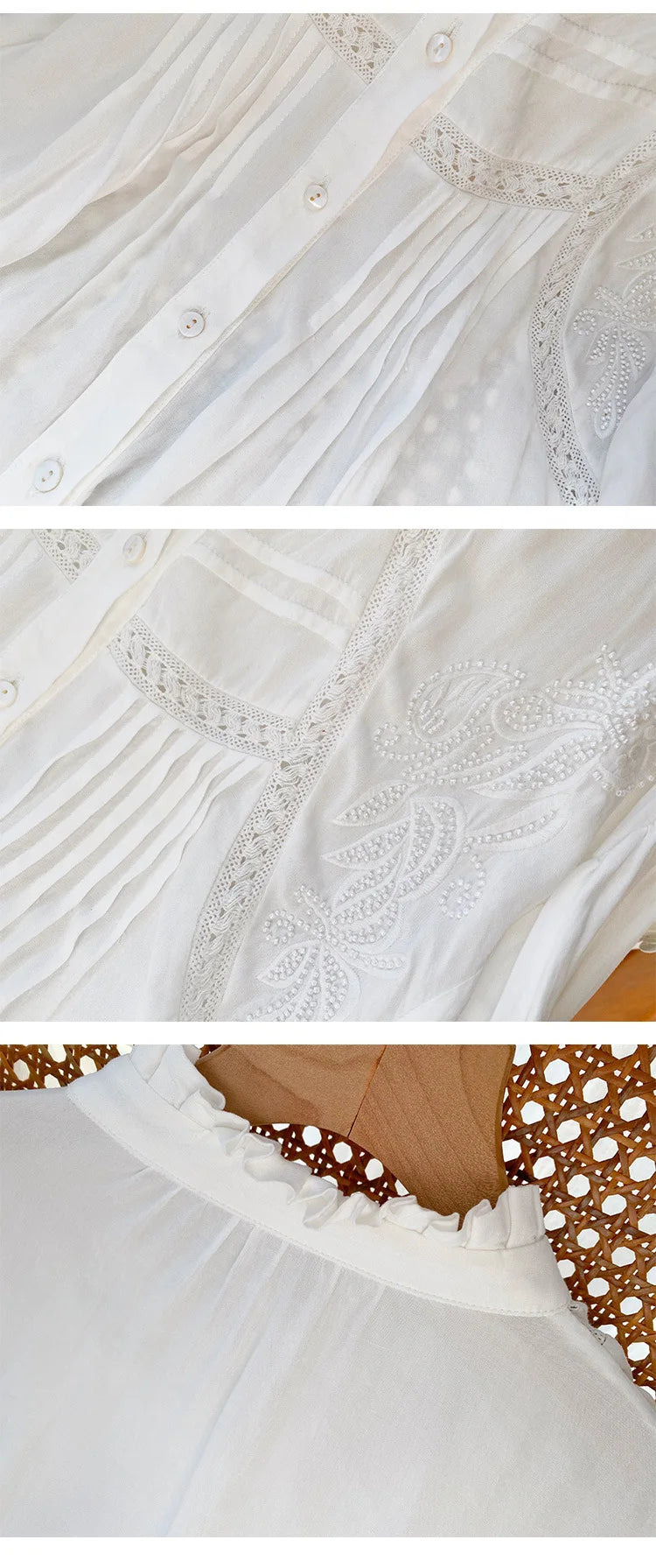 2025 Spring New Women's French White Shirt Splicing Lace Embroidery Design Ladies Shirt Long Sleeve Casual Holiday Beach Tops