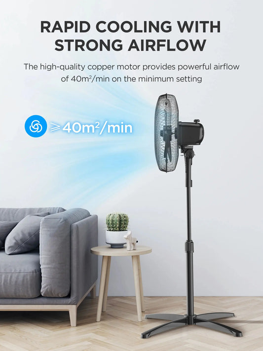 Midea 40W Pedestal Fan, 3 Speed Settings, 90° Oscillation, Adjustable Height, Powerful Airflow and Quiet Operation