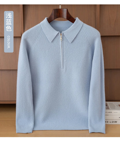 Luxury 100% Merino Wool Sweater for Men Half Zipper Polo Collar Pullover Autumn Winter Cashmere Thick Knitwear Smart Casual Top