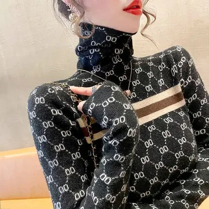 Women Slim Turtleneck Commute Warm Knitted Pullover Autumn Winter Vintage Soft Elastic Striped Letter Jacquard Sweaters