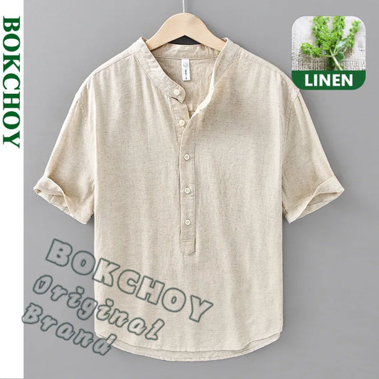 2025 Spring Summer New Breathable Cotton Linen Short Sleeve Shirts for Men Clothing Soft Thin Shirts DC208