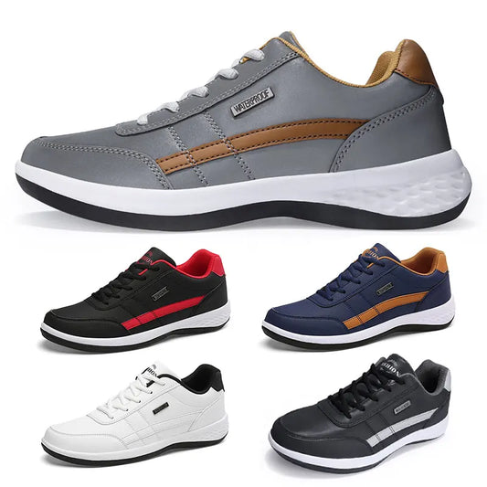 Leather Casual Shoes Outdoor Men Sneakers Breathable Business Casual Shoes Men Tennis Shoes Non-Slip PU Lace Up Size 13.5