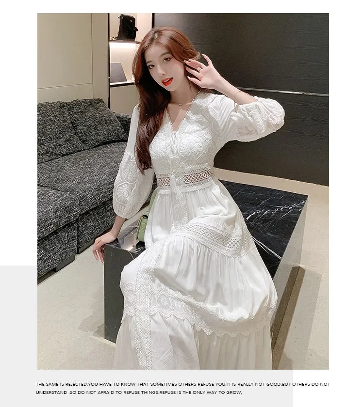 2025 Women's New Spring/Summer White Hollow Sweet Dress Fashion French Bubble Sleeve Knee length Skirt European and American