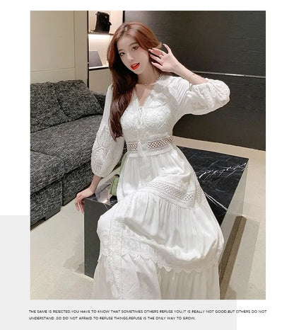2025 Women's New Spring/Summer White Hollow Sweet Dress Fashion French Bubble Sleeve Knee length Skirt European and American