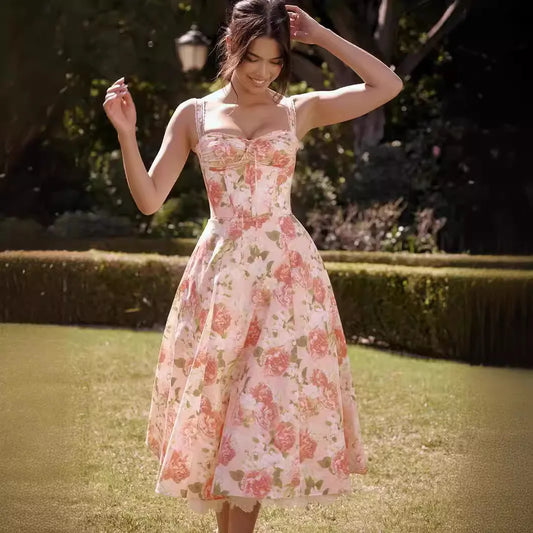 Dress Summer Fashion White Elegant Ladies Backless Clothes Puff Sleeve Floral Print Slit Long Dresses For Women New Arrival