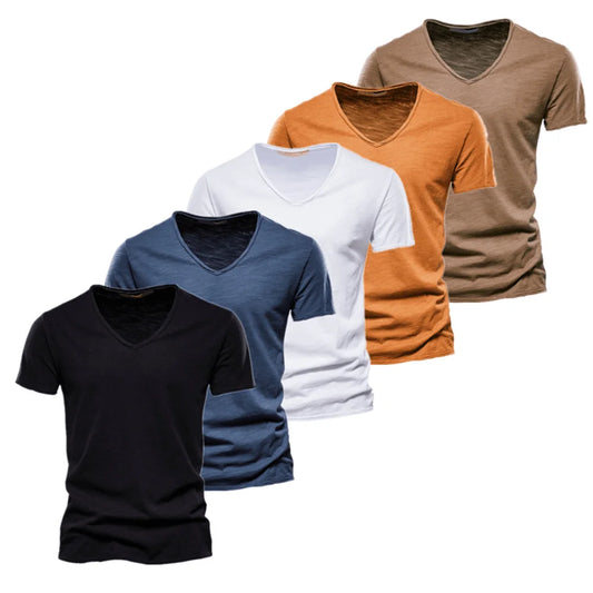 5 Pcs Brand T Shirt Men Casual Solid Color Slim Fit V-neck T-shirts Men New Summer Quality 100% Cotton T Shirt for Men