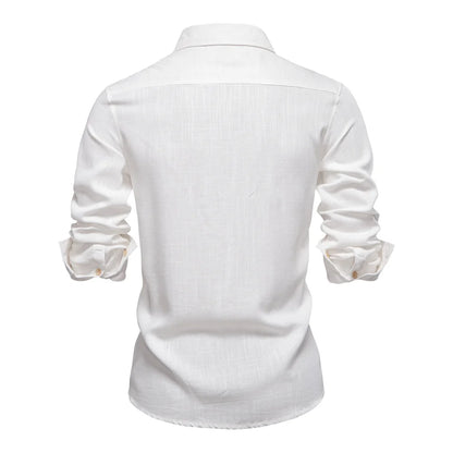 2025 New Design Men's Solid Color Linen Long Sleeve Shirt - Casual Button-Down Collar Shirt for Men