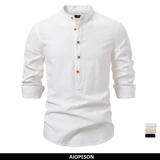AIOPESON Men's 100% Cotton Solid Color Half-Button Casual Long Sleeve Shirt For Men Fashion Social Business Men Shirts