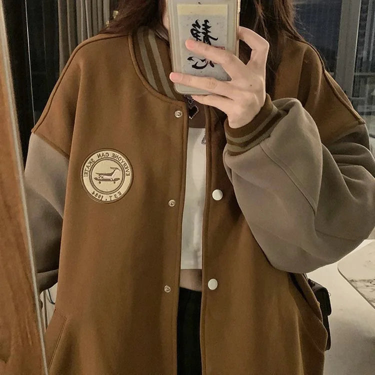 Lazy Style Baseball Jacket for Women in Autumn and Winter, Plush and Thickened Fashion Retro Loose Fitting  Jacket