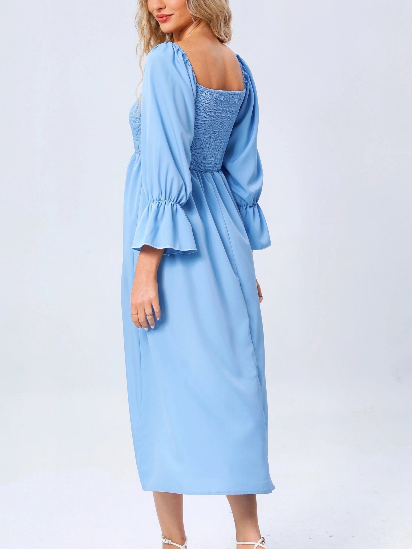Shirred Solid Dress,Casual Lantern Sleeve Squared Neck Slim Waist Midi Dress, Women's Clothing