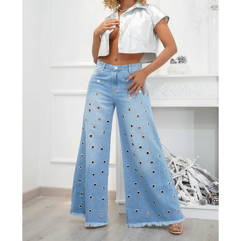 Y2k Streetwear Blue Jeans Woman Pants loose Wide leg pants Fashion designed Casual Denim Trousers Hole jeans 2024