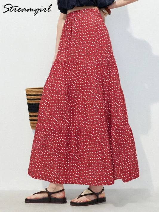 Women Floral Skirts Long Summer Cotton Tie Up Elastic Waist Loose Patchwork Maxi Skirt Flowers Spring Long Skirts For Women