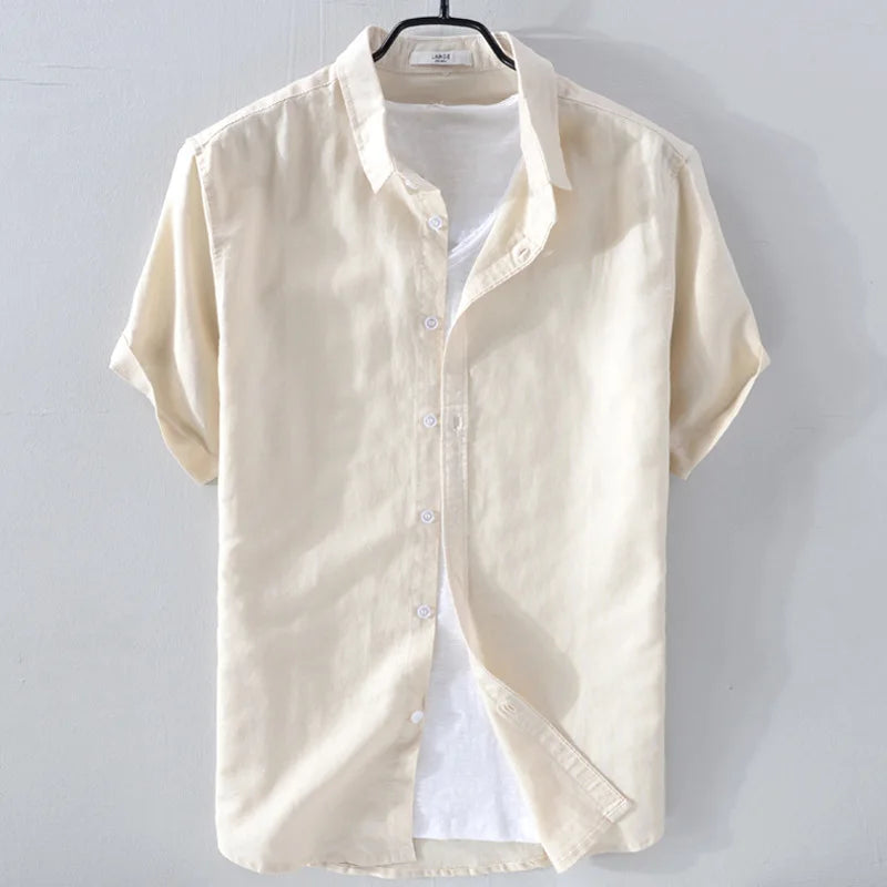 2025 Pure Linen Short Sleeved Shirt Men's Linen White Shirt Cotton Linen Men's Upper Garment Men's Casual Summer Half Sleeved