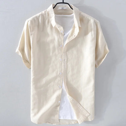 2025 Pure Linen Short Sleeved Shirt Men's Linen White Shirt Cotton Linen Men's Upper Garment Men's Casual Summer Half Sleeved