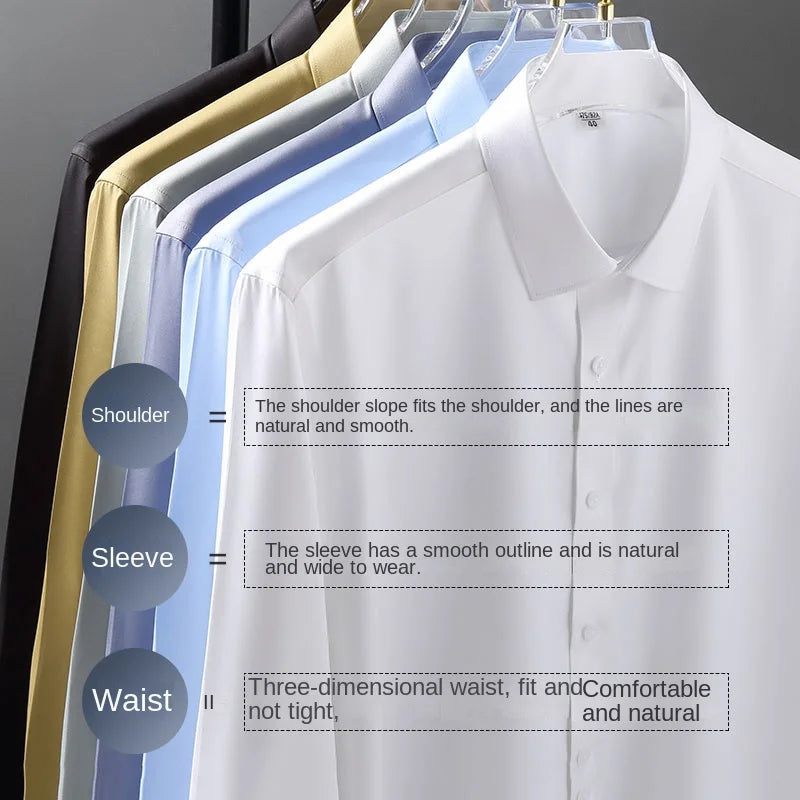 Long sleeved shirt for men's business casual orange non ironing wrinkle resistant elastic solid color men's shirt new style
