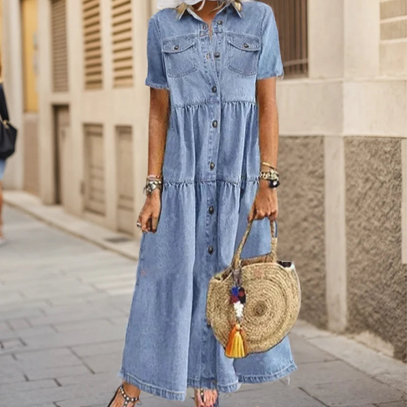 Elegant Denim Floral Print Long Dress For Women Turn-down Collar Button Shirt Dress Short Sleeve A-Line Party Dresses Vestidos