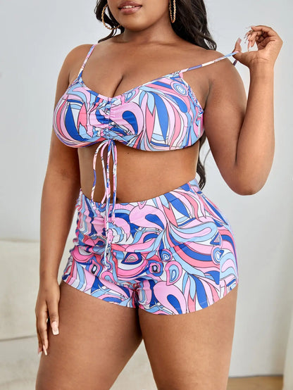 3 Pieces Large Size Bikini 2025 Printed Swimsuit Women & Kimono Drawstring Front Swimwear Female Bathing Swimming Suit Beachwear