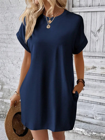 Fashion Solid Color Side Pocket Dresses Women Korean O Neck Pullover Dress Summer Female Comfortable Commuter Casual Short Gown