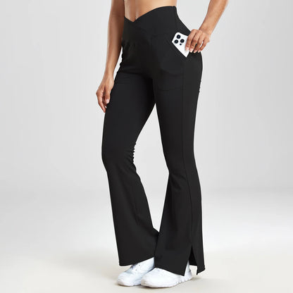 V-shaped Split Flared Pants Women Pockets Leggings Solid Color High Waist Casual Simple Style Pants Daily Office Elastic Legging