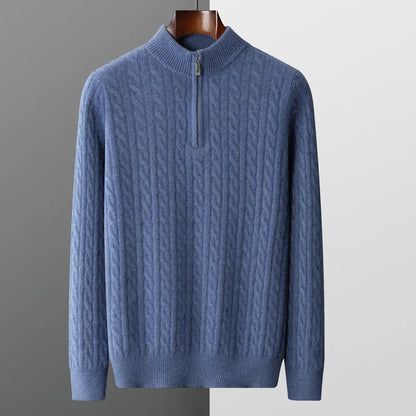 Autumn and winter new 100% merino cashmere sweater men's padded twist top zipper collar bottoming shirt plus size knit pullover