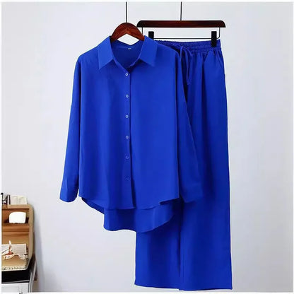 2024 New Style Amazon Autumn/Winter Cotton Linen Solid Color Loose-Fit Shirt Wide-Leg Trousers Casual Suit For Women