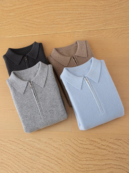Luxury 100% Merino Wool Sweater for Men Half Zipper Polo Collar Pullover Autumn Winter Cashmere Thick Knitwear Smart Casual Top