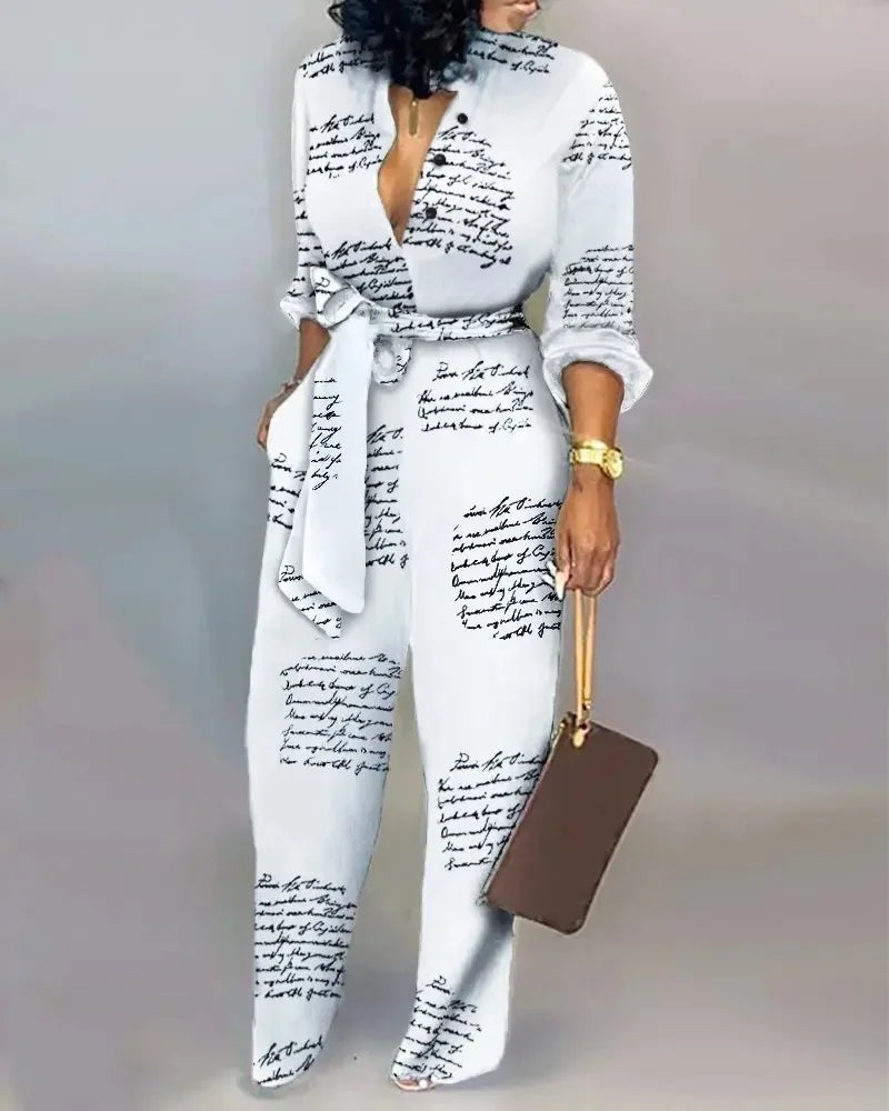 Women Fashion Letter Print Long Sleeve Jumpsuit Spring Button One Piece Overalls Streetwear Autumn Elegant Office Lady Playsuit