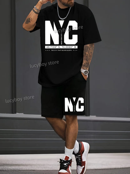 NC NEW YORK Letter Printed Sport T-shirt+shorts Suit Set Men Male Luxury Tracksuit Outfit  Runing  Oversized 2 Piece Set Clothes