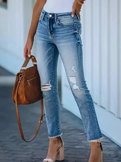 women's jeans light blue micro elastic straight cropped tight ripped jeans  pants