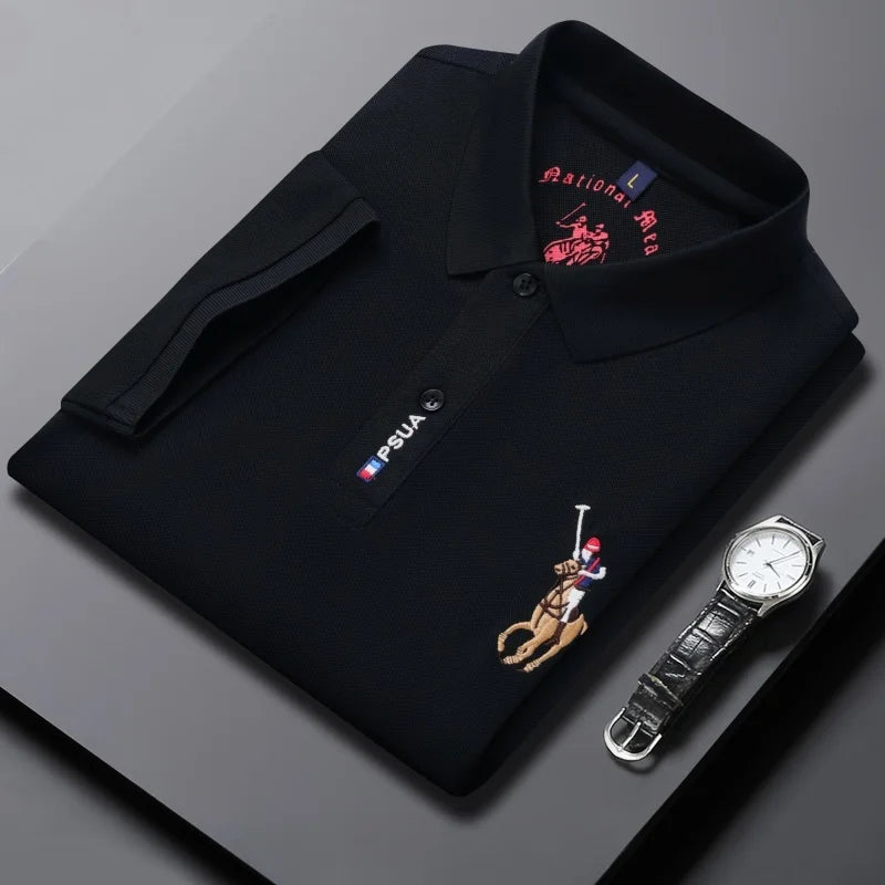 Men's High-quality Summer New Embroidered Lapel Men's Short Sleeved Polo Shirt with Tassel Solid Color Business Casual Men's Pol