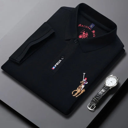Men's High-quality Summer New Embroidered Lapel Men's Short Sleeved Polo Shirt with Tassel Solid Color Business Casual Men's Pol