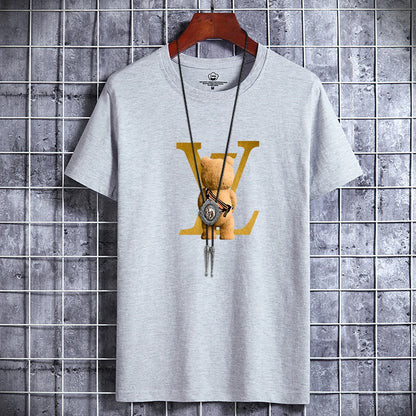 Summer Men's Luxury Casual T-Shirt Retro Y2k Designer Short Sleeve Tees Male Vintage Cotton Trendy High Quality Bear Print Tops
