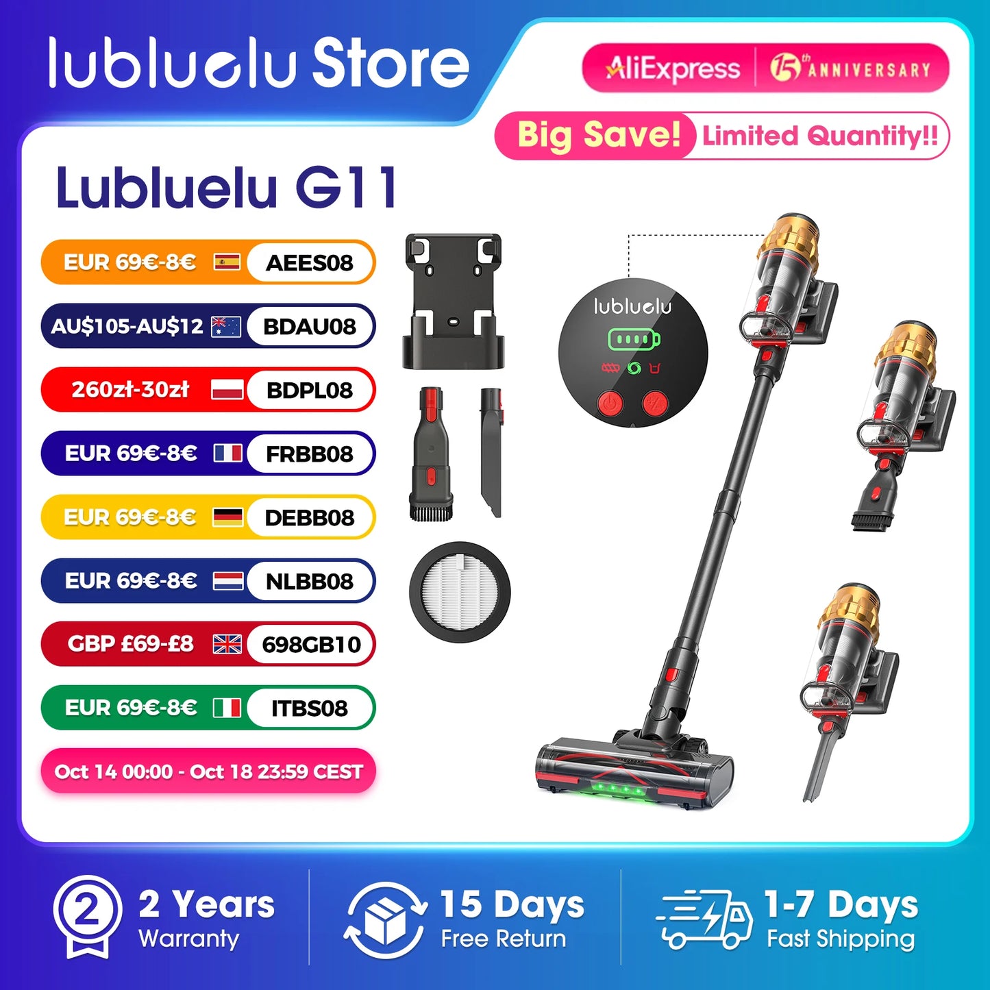 Lubluelu G11 Cordless Vacuum Cleaner 550W Powerful Suction Anti-Tangle Brush 50 Mins Runtime for Pet Hair on Hard Floor Carpet