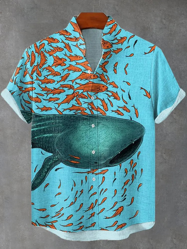 2025 men's new retro style fish pattern print men's casual linen comfortable fabric short sleeved shirt button top