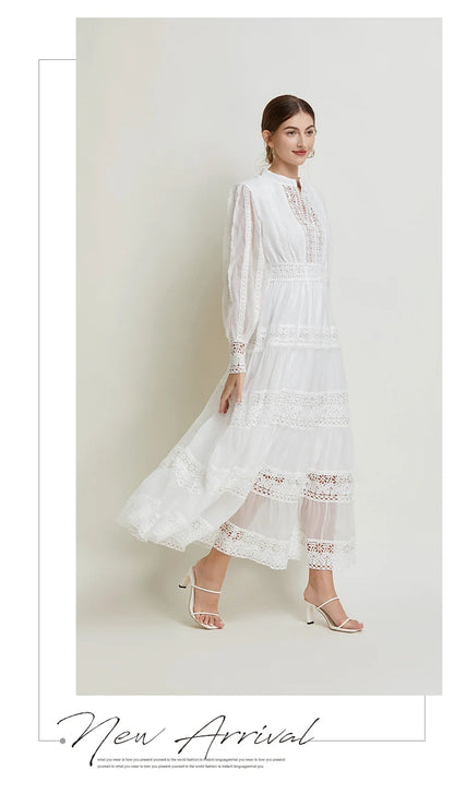 French Fashion Retro Dress Summer Clothing Lace Lace Splicing V-neck Design Lantern Sleeve Dress White Club Outfits for Women