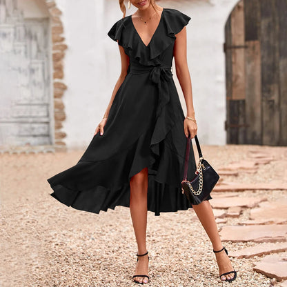 Women's Elegant Solid Ruffle Flying Sleeve Lace Up Skater Midi Dress Summer Ladies Party Holiday Casual Sundress Size S-2XL