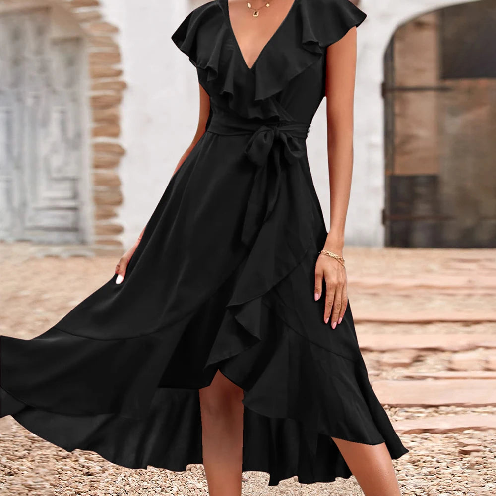 Women's Elegant Solid Ruffle Flying Sleeve Lace Up Skater Midi Dress Summer Ladies Party Holiday Casual Sundress Size S-2XL