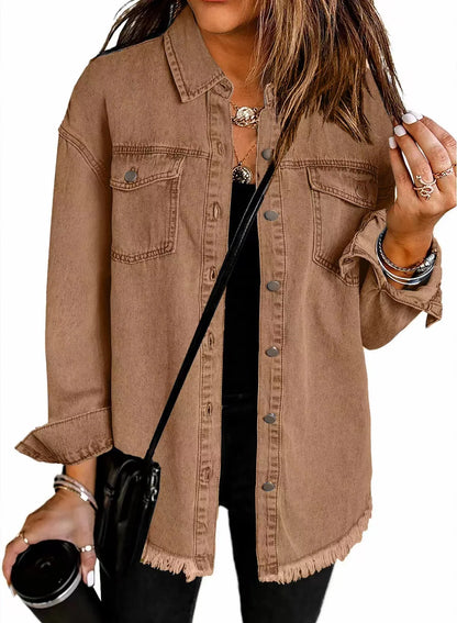 Women Denim Shirt Turn Down Collar  Streetwear Open Stitch Single Breasted Casual Loose Jackets