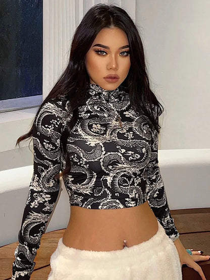 Women's Stylish Dragon Printed Crop Tops Long Sleeve High Collar Slim T-shirt