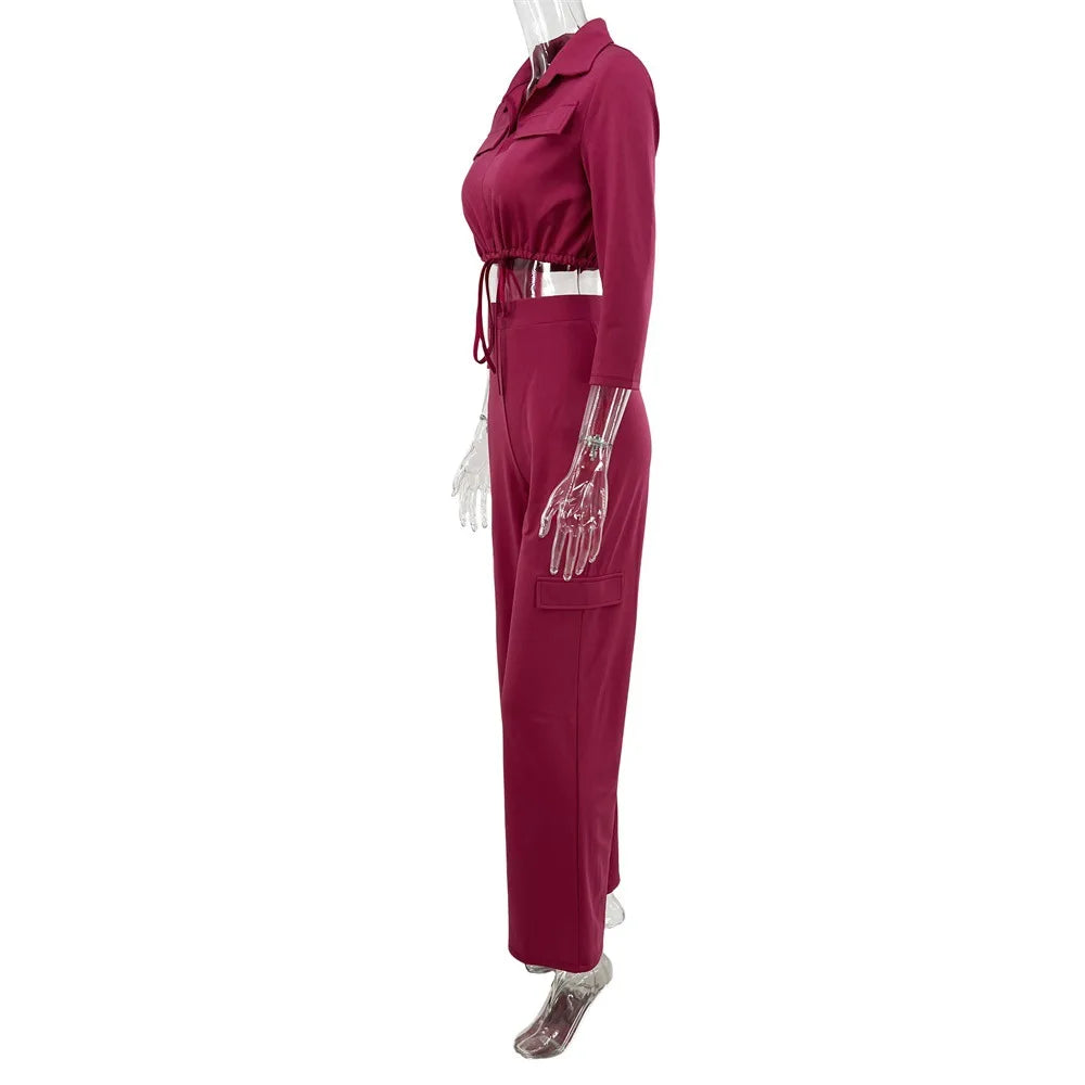 Elegant Office Women Two Piece  Short Shirt + Wide Leg Trousers Set