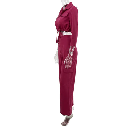 Elegant Office Women Two Piece  Short Shirt + Wide Leg Trousers Set