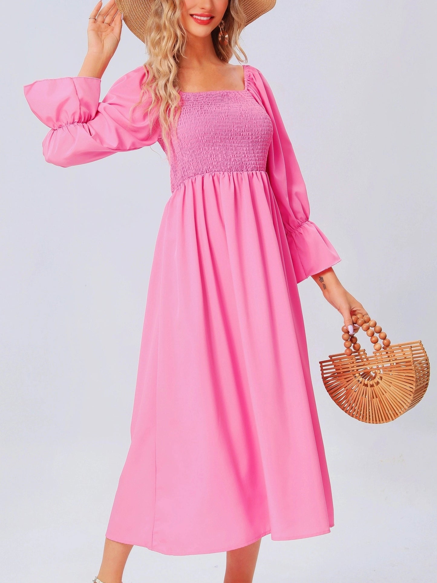 Shirred Solid Dress,Casual Lantern Sleeve Squared Neck Slim Waist Midi Dress, Women's Clothing