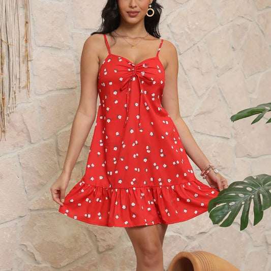 Women Summer Bohemian Spaghetti Strap Dress Sleeveless Floral Print Vestidos Midi Dress A-Line Casual Backless Sundress