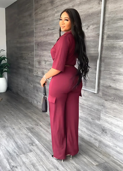 Elegant Office Women Two Piece  Short Shirt + Wide Leg Trousers Set
