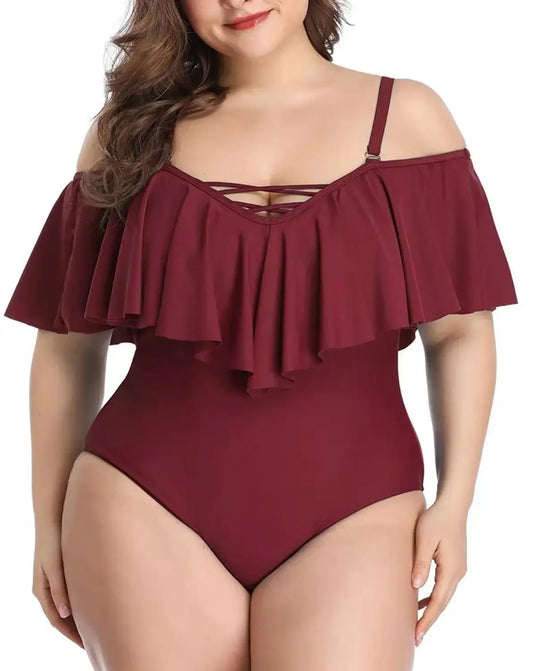 Solid Bikini Lotus Leaf Women Plus Size Swimsuit One Piece Swimwear Swimming New